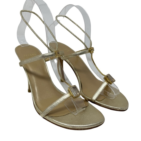 STUART WEITZMAN Gold Jewel Strappy Heels Sz 7 Leather Party Prom Event Wedding - Picture 2 of 14